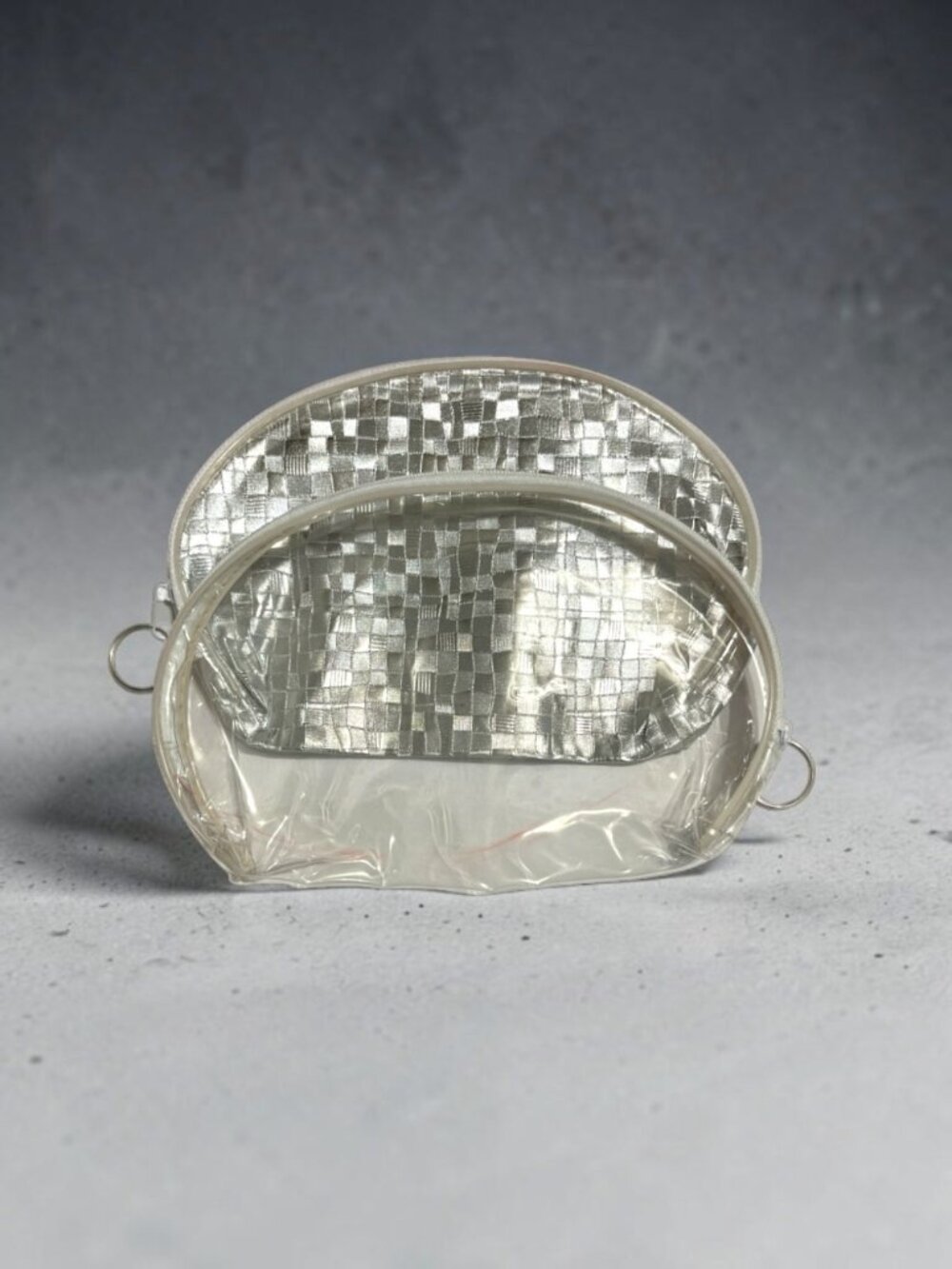 Silver Metallic Look & Clear 2 Piece Large Zipper Cosmetic Bag Set
